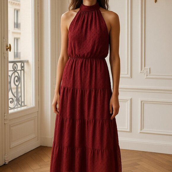 NWT Elegant Burgundy Halter Maxi Dress Tiered Semi-Sheer Perfect Evening Large - Picture 6 of 16